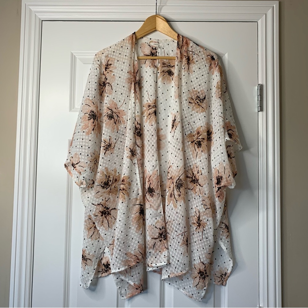 Maurices Cream Floral Polka Dot Sheer Kimono Cover up Size OS